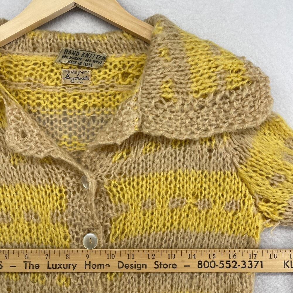 MACY ASSOCIATES Cardigan S Mohair Wool Hand Knitted Striped Button Up Yellow VTG - Picture 10 of 12